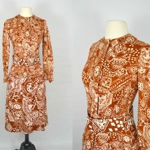1960s Brown & White Abstract Print Blouse, Skirt